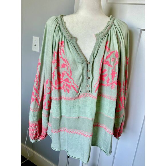Free People Woven Embroidered Bohemian Style Blouse Mint Green Coral Size S - Picture 3 of 7